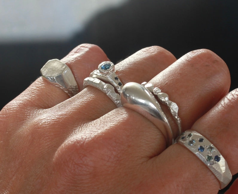 Blue Sapphire Diamond Hand Carved Ring — Handcrafted in Aotearoa, New Zealand