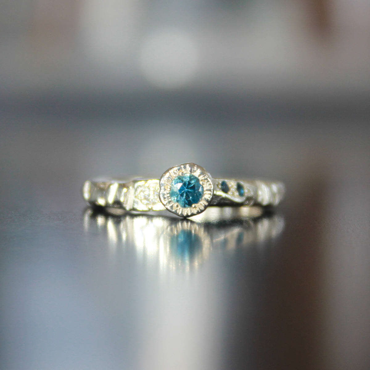 Blue Sapphire Diamond Hand Carved Ring — Handcrafted in Aotearoa, New Zealand