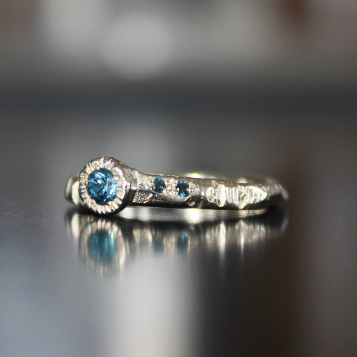 Blue Sapphire Diamond Hand Carved Ring — Handcrafted in Aotearoa, New Zealand