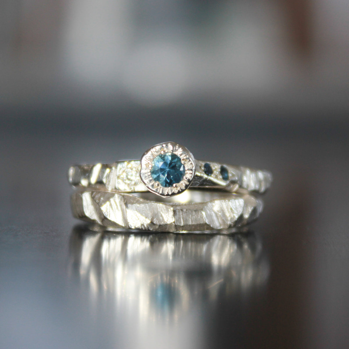 Blue Sapphire Diamond Hand Carved Ring — Handcrafted in Aotearoa, New Zealand