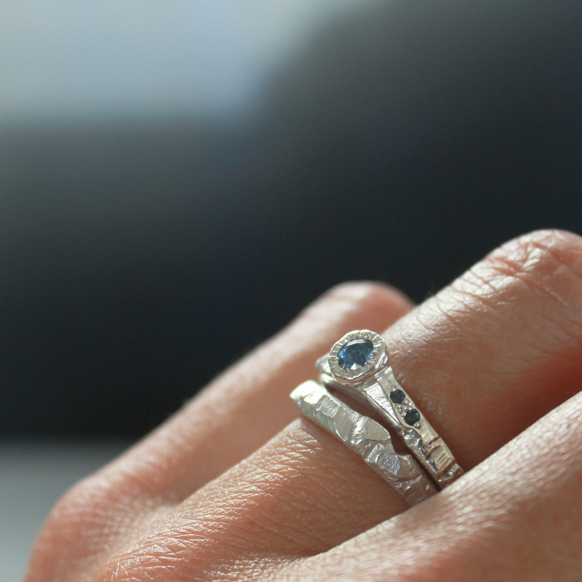 Blue Sapphire Diamond Hand Carved Ring — Handcrafted in Aotearoa, New Zealand